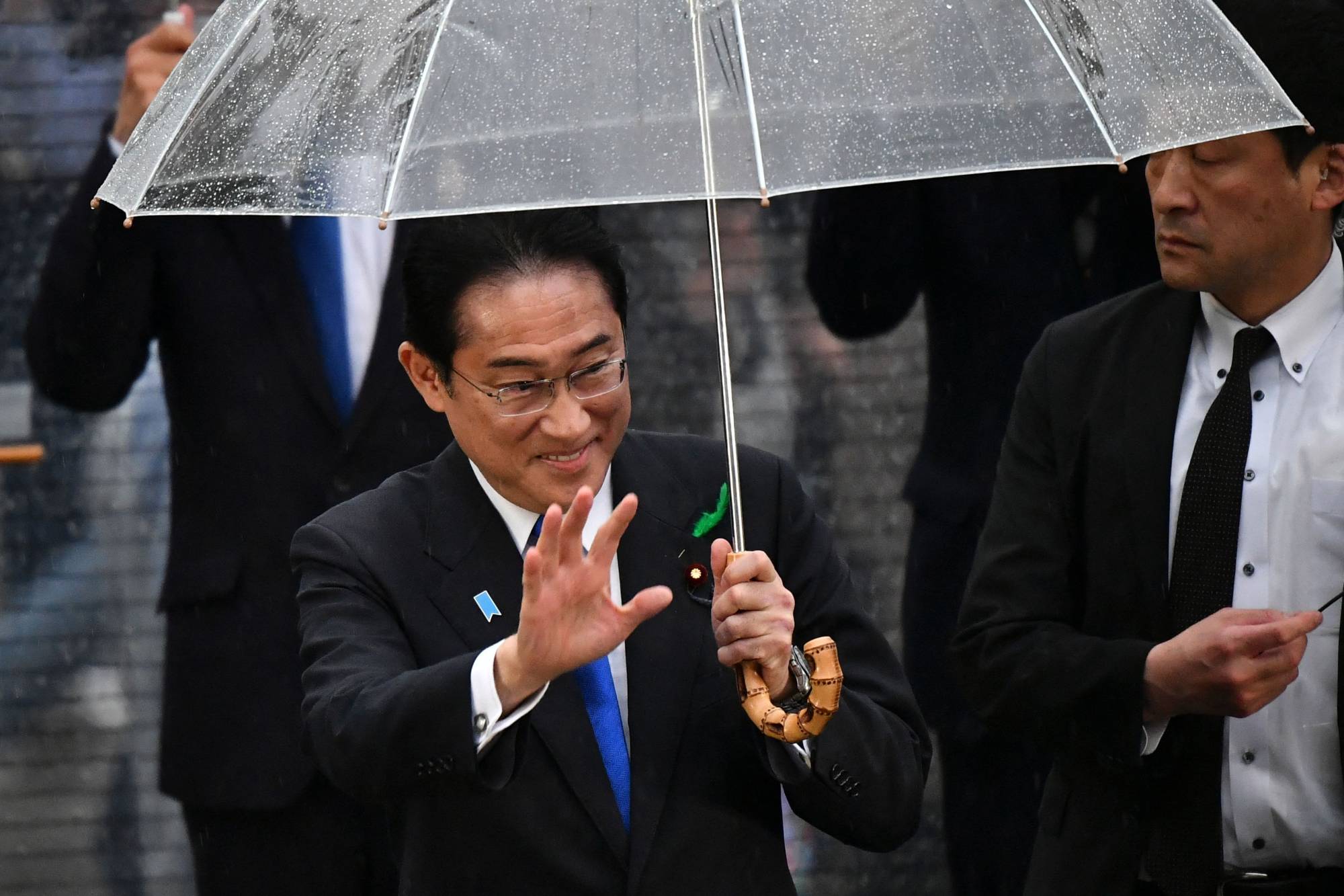 Prime Minister Fumio Kishida attends an campaign event in support of a Liberal Democratic Party candidate in Urayasu, Chiba Prefecture, on Saturday, after a near-miss incident earlier in the day involving an explosive device in Wakayama.  | AFP-JIJI