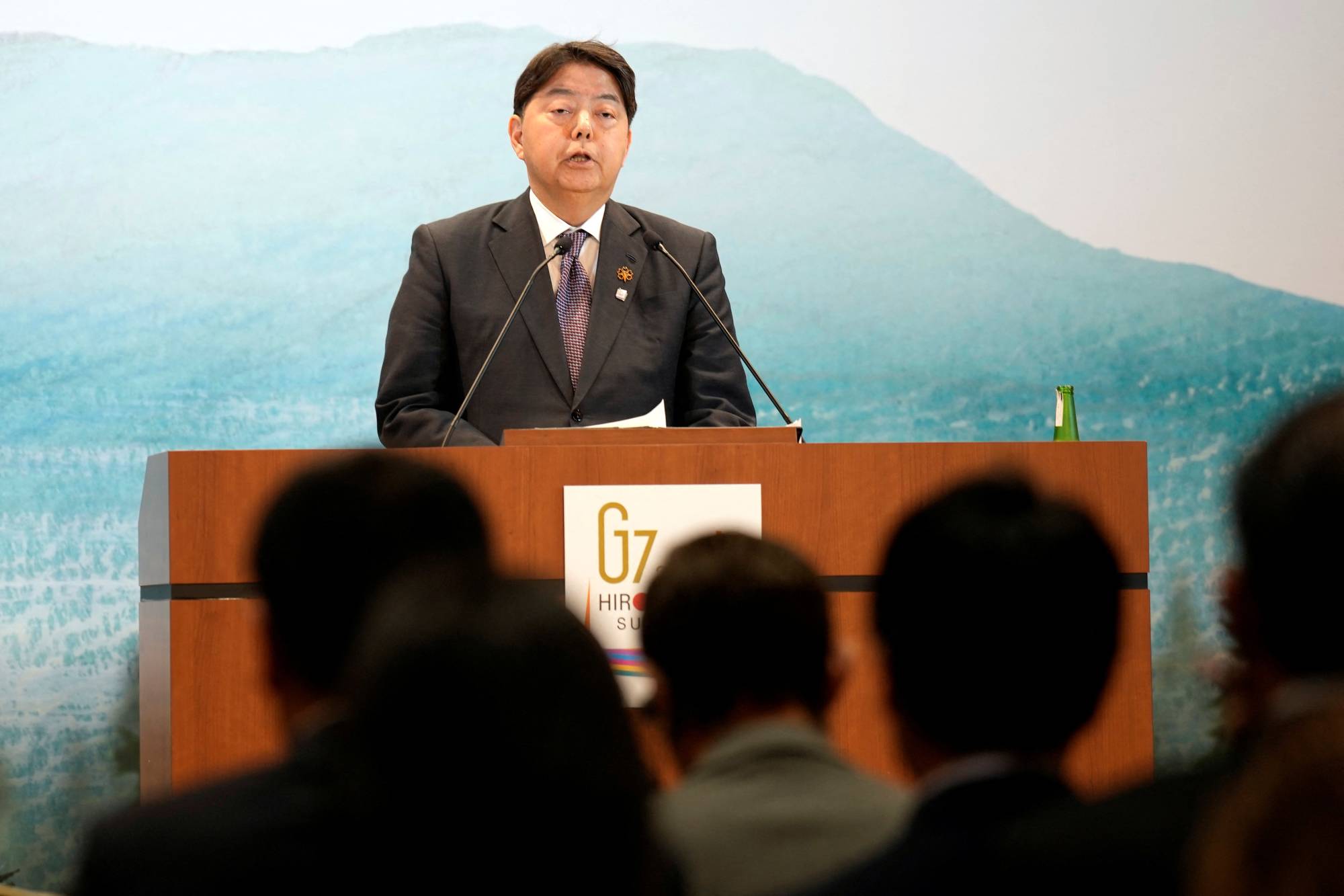 Foreign Minister Yoshimasa Hayashi speaks during a news conference at the Group of Seven foreign ministers' meeting in Karuizawa, Nagano Prefecture, on Tuesday.  | POOL / VIA REUTERS