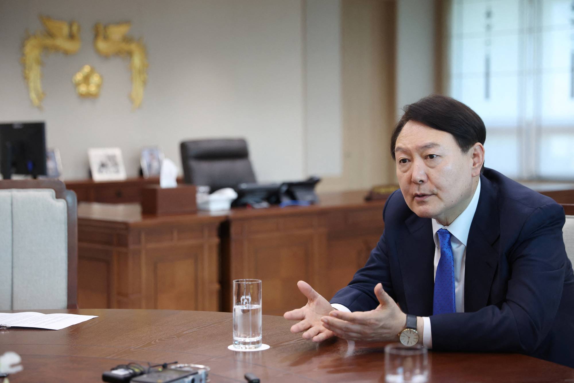 South Korean President Yoon Suk-yeol speaks during an interview at the Presidential Office in Seoul on Tuesday | REUTERS