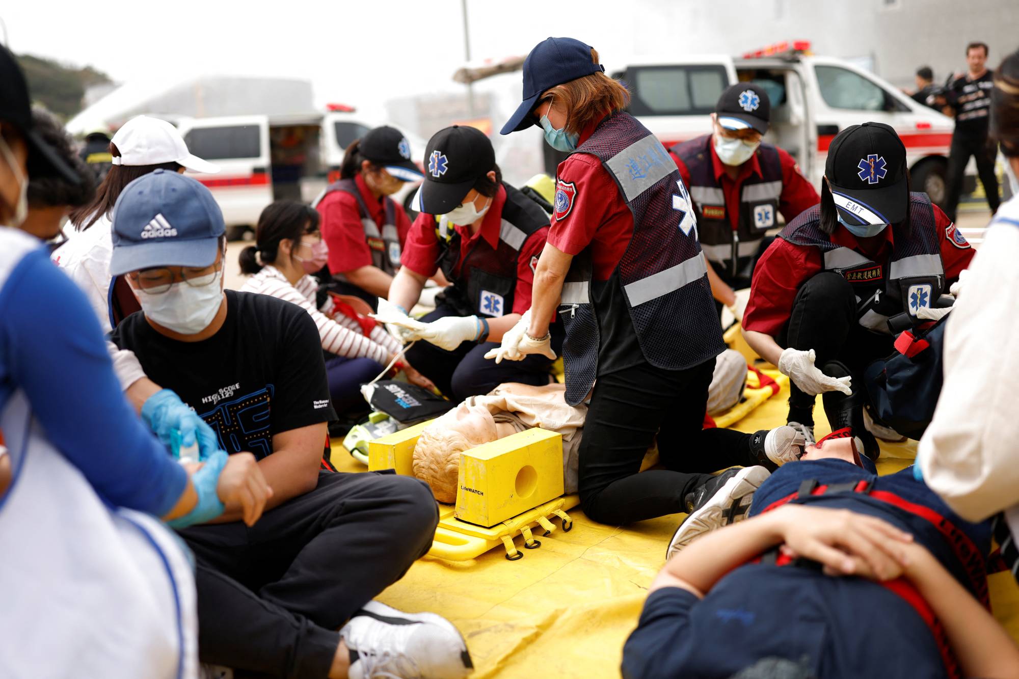 First responders take part in a civilian defense drill focusing on the response if under attack by China, at a power plant on Nangan island, which is part of the Matsu archipelago, in Taiwan on Thursday. | REUTERS 