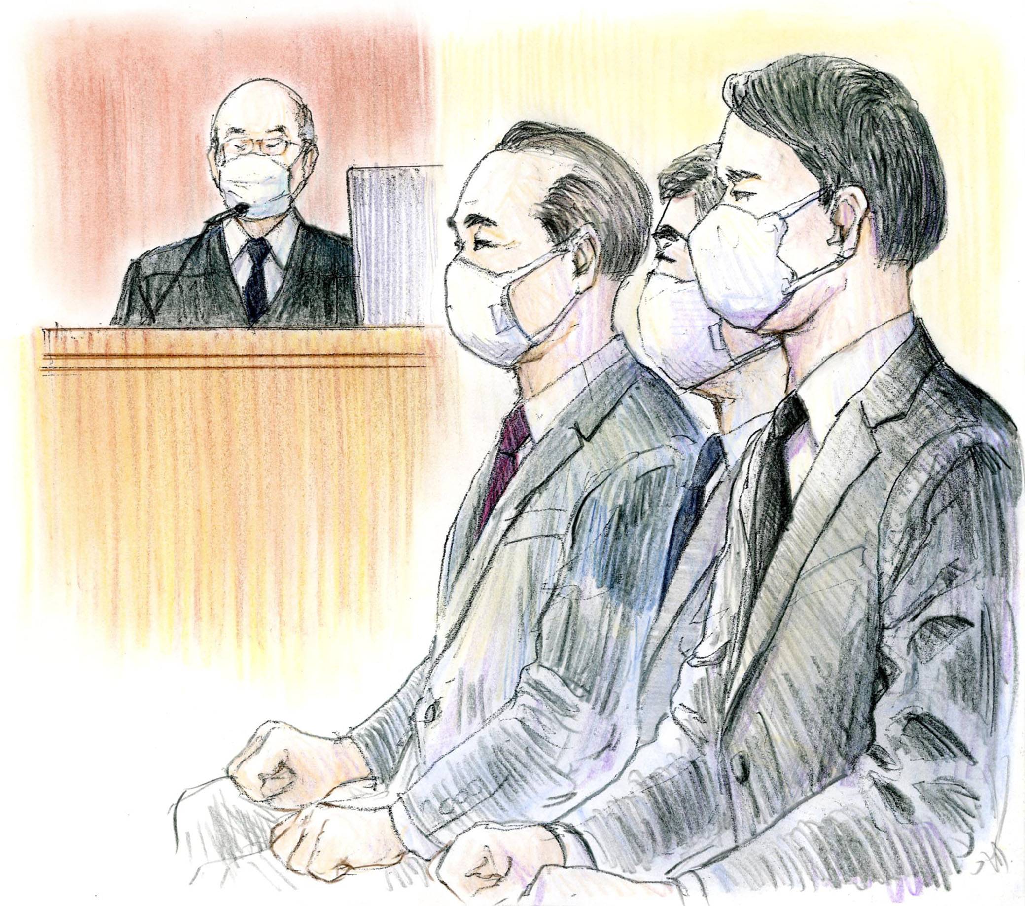 A court illustration shows Hironori Aoki (third from right), former chairman of Aoki Holdings, along with Takahisa Aoki and Katsuhisa Ueda during a trial at the Tokyo District Court on Friday. | KYODO