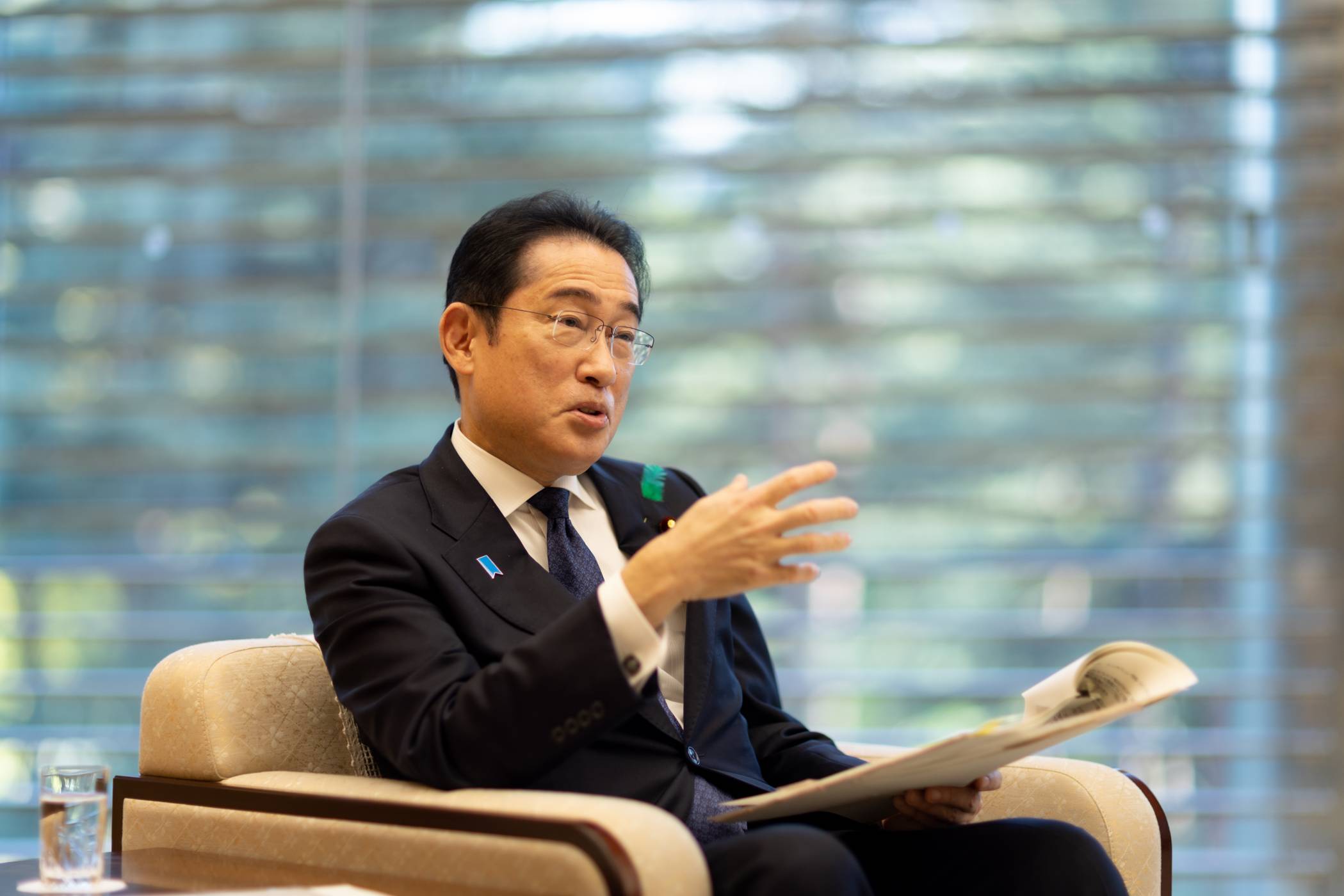 Prime Minister Fumio Kishida speaks during an interview with The Japan Times on Monday at the Prime Minister's Office. | MARTIN HOLTKAMP