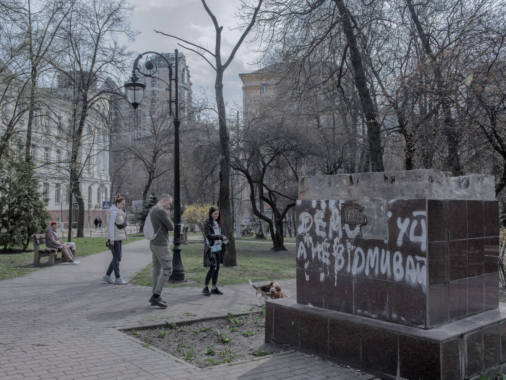 A pedestal where a monument to Valery Chkalov, a famous Soviet test pilot, stood before it was taken down, in Kyiv last month.  | LAETITIA VANCON / THE NEW YORK TIMES