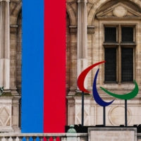 The Paralympic logo is displayed in Paris in October 2022.  | USA TODAY / VIA REUTERS