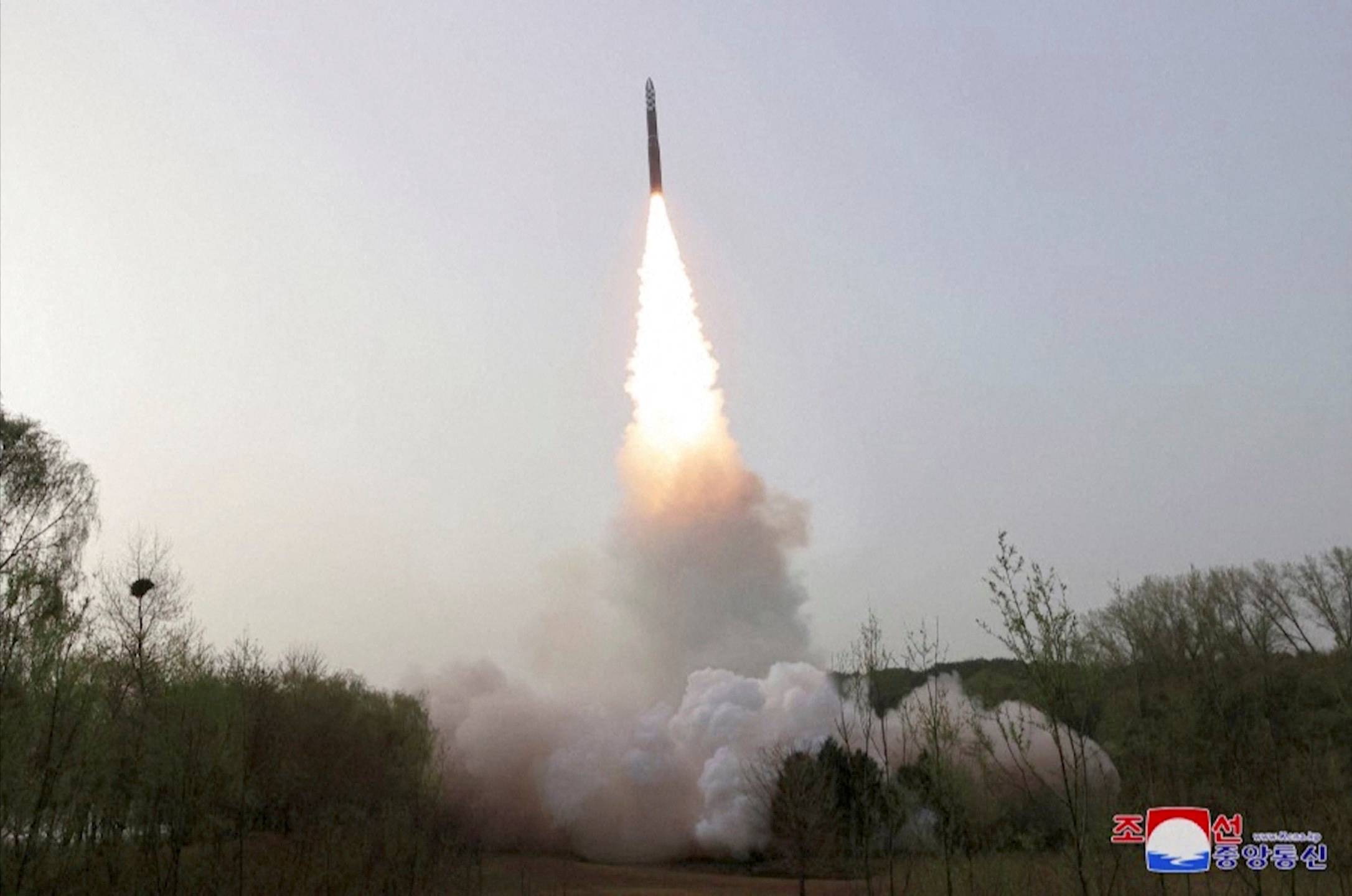 A Hwasong-18 solid-fuel intercontinental ballistic missile is test-fired from an undisclosed location in this photo taken from video released on April 14. | KCNA / via REUTERS