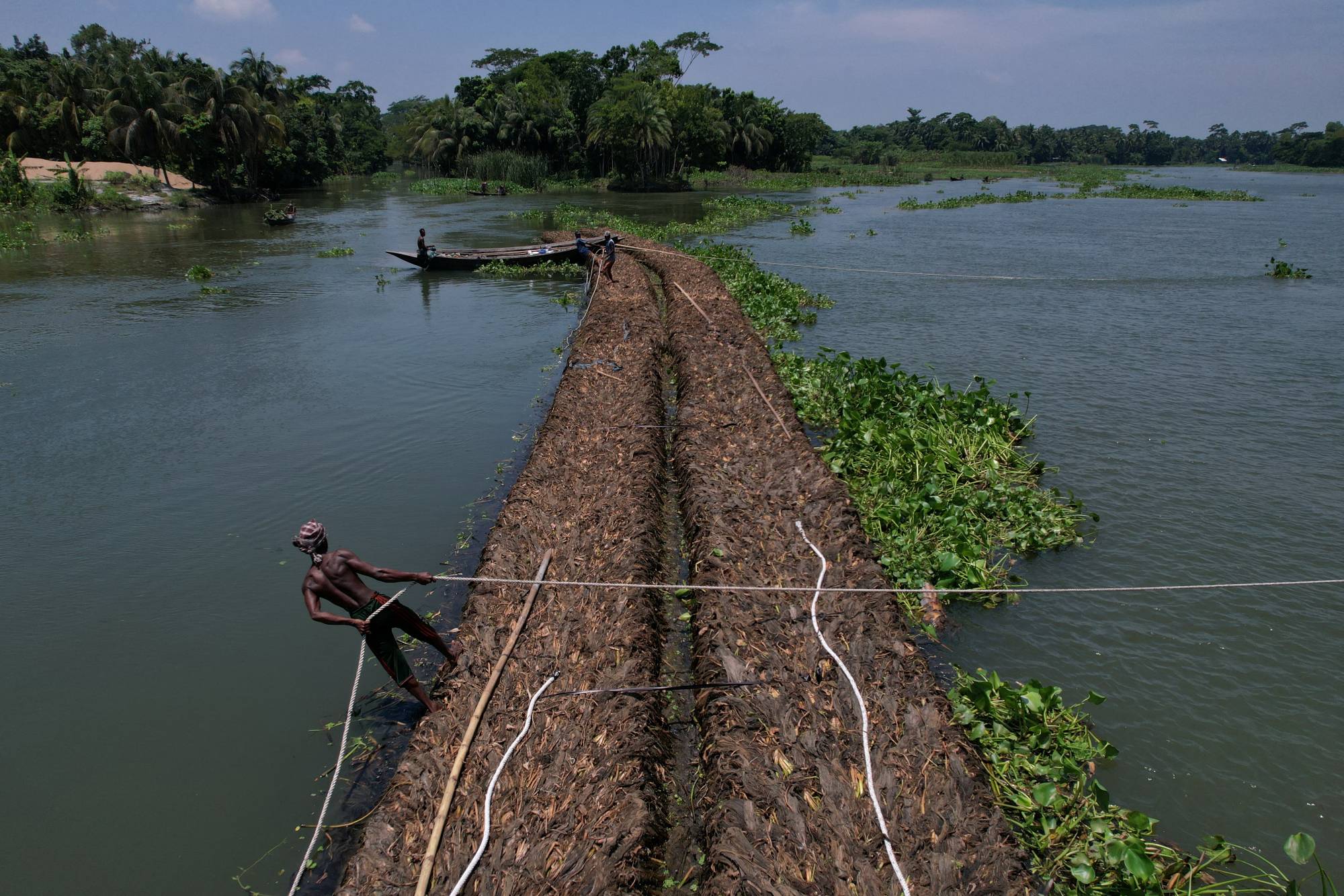 A man holds a rope as people transport floating beds toward a farm through the Belua river in Pirojpur district, Bangladesh, in August 2022. | REUTERS