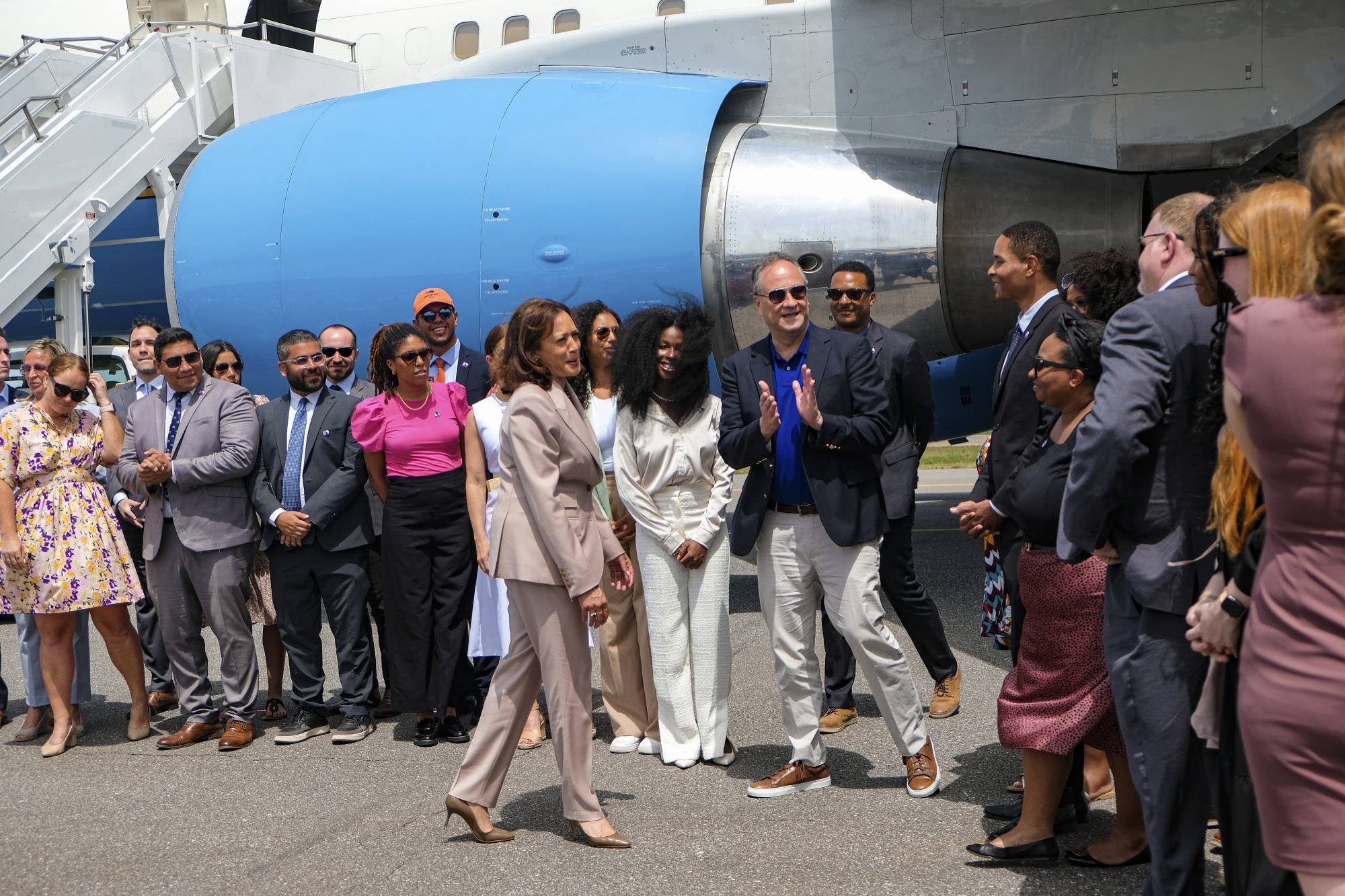 U.S. Vice President Kamala Harris thanks her team before leaving Accra, Ghana, on March 29. | Jessica Sarkodie / The New York Times