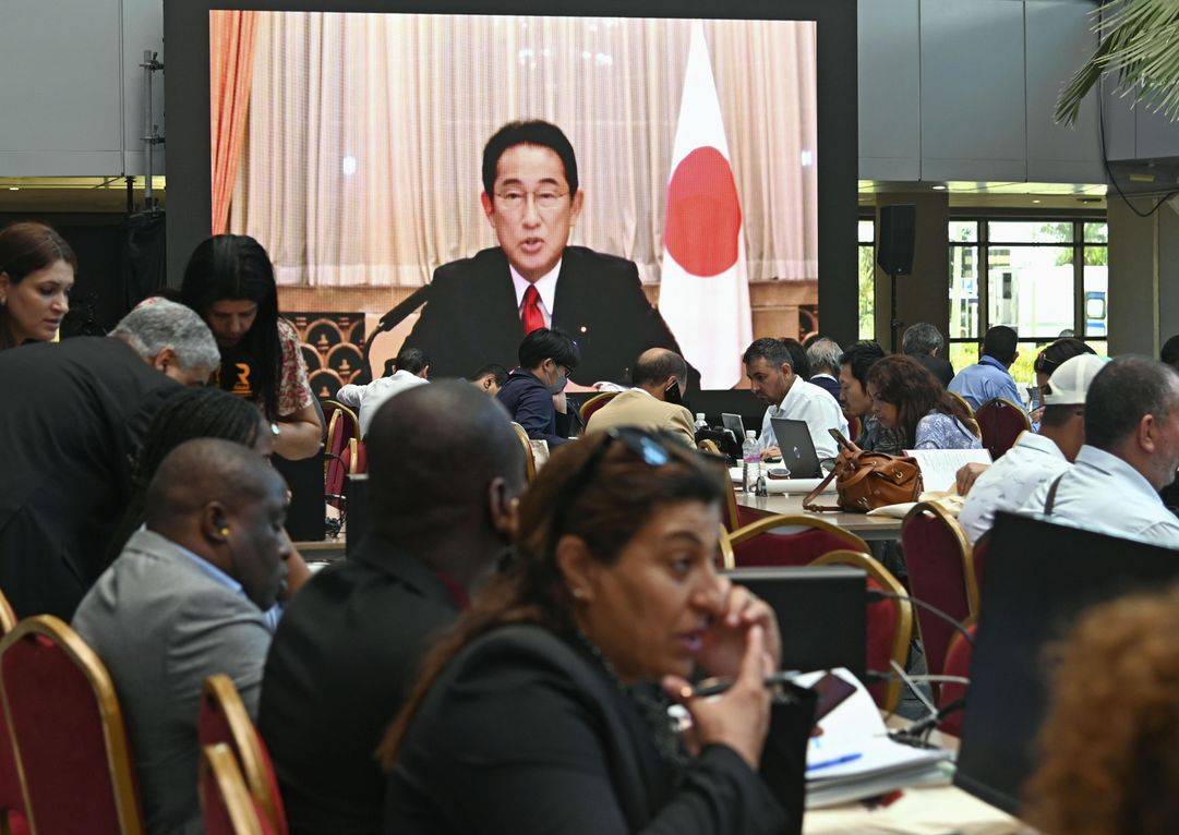 Prime Minister Fumio Kishida speaks via video link at the opening ceremony of the two-day Tokyo International Conference on African Development in Tunis on Aug. 27, 2022. | KYODO