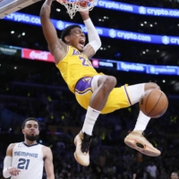 Rui Hachimura will make his first trip to the conference semifinals after providing key contributions for the Lakers during the best-of-seven series, including a massive dunk in the team\'s Game 6 win.  | AP / VIA KYODO 