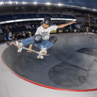 Hiraki Cocona catches air during the women\'s park skateboarding on Friday.  | BOBBY 