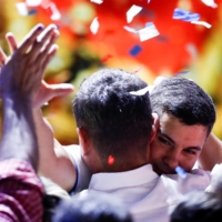 Paraguayan presidential candidate Santiago Pena from the ruling Colorado Party reacts at the party headquarters in Asuncion, Paraguay, on Sunday. | REUTERS