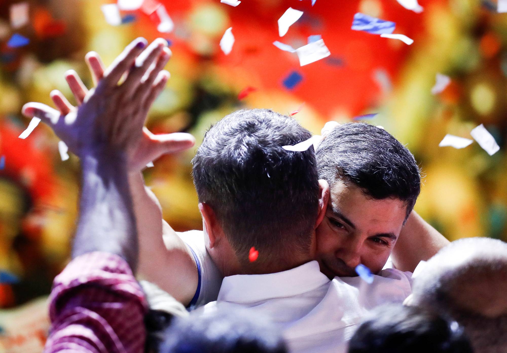 Paraguayan presidential candidate Santiago Pena from the ruling Colorado Party reacts at the party headquarters in Asuncion, Paraguay, on Sunday. | REUTERS