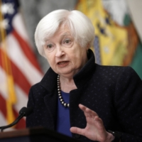 Treasury Secretary Janet Yellen speaks to reporters in Washington in April. | YURI GRIPAS / THE NEW YORK TIMES