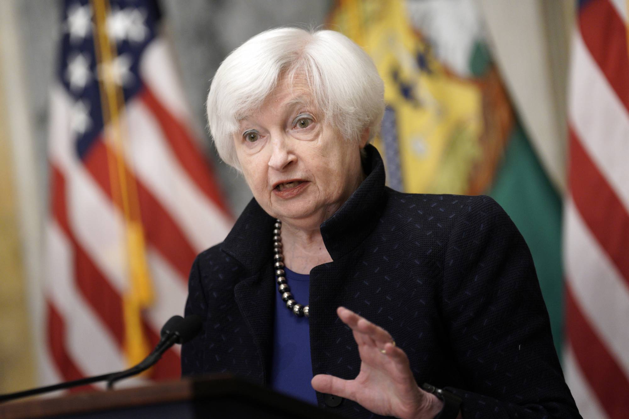 Treasury Secretary Janet Yellen speaks to reporters in Washington in April. | Yuri Gripas / The New York Times