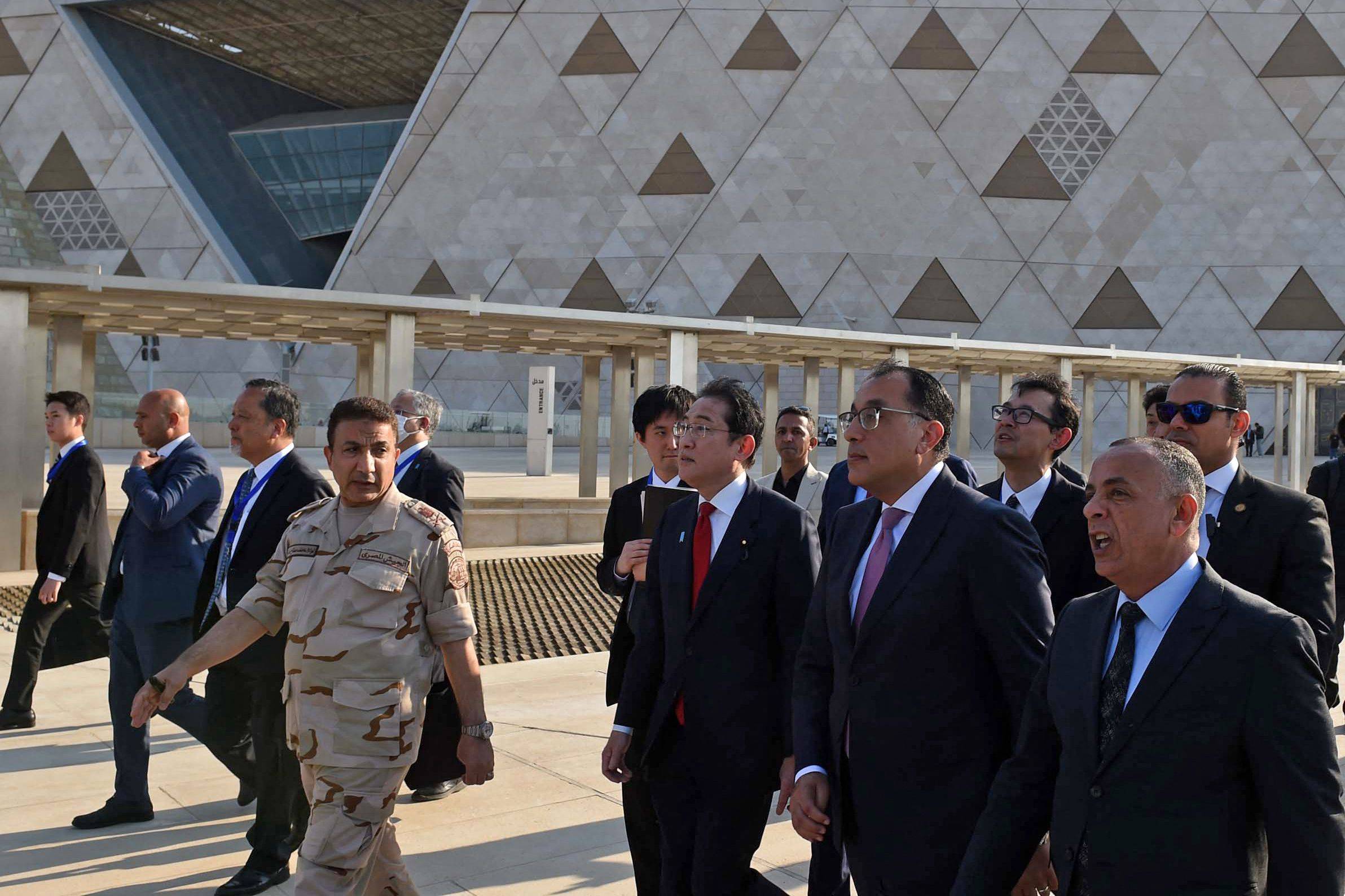 Prime Minister Fumio Kishida (center) visits the Grand Egyptian Museum in Cairo with Egyptian Prime Minister Mostafa Madbouli on Sunday. | EGYPTIAN PRIME MINISTER'S OFFICE / VIA AFP-JIJI