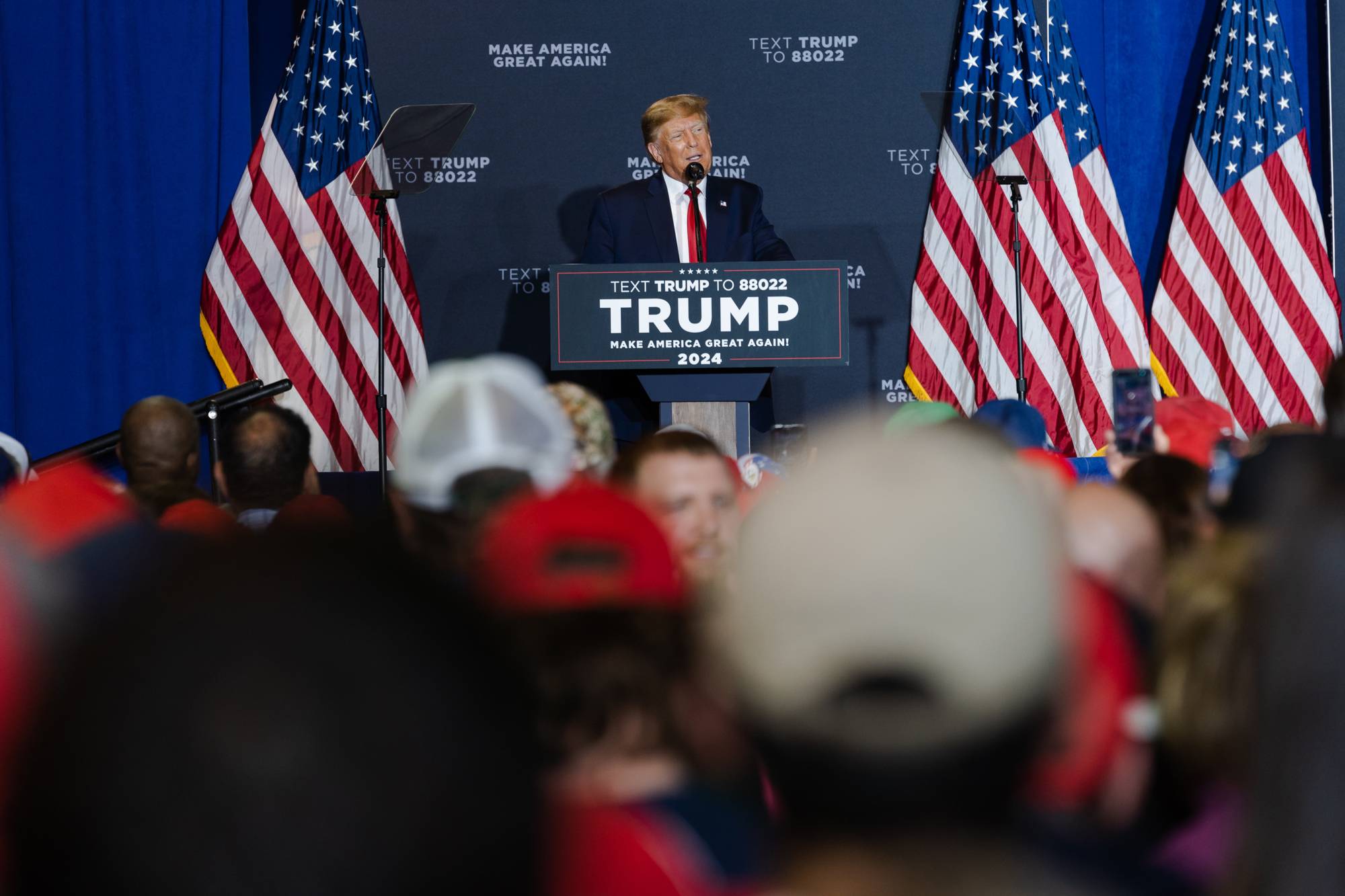 Former U.S. President Donald Trump speaks during a campaign rally in Manchester, New Hampshire, on April 27. Prosecutors are nearing charging decisions after investigating whether Trump and his allies illegally meddled in Georgia’s 2020 election.  | SOPHIE PARK / THE NEW YORK TIMES