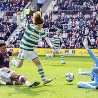 Kyogo Furuhashi of Celtic scores the opening goal in the team\'s Scottish Premiership 2-0 win away at Hearts in Edinburgh on Sunday. | KYODO