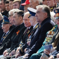 Putin and military officials attend a parade on Victory Day, which marks the 78th anniversary of the victory over Nazi Germany in World War II, in Red Square in central Moscow on Tuesday. | POOL / VIA REUTERS