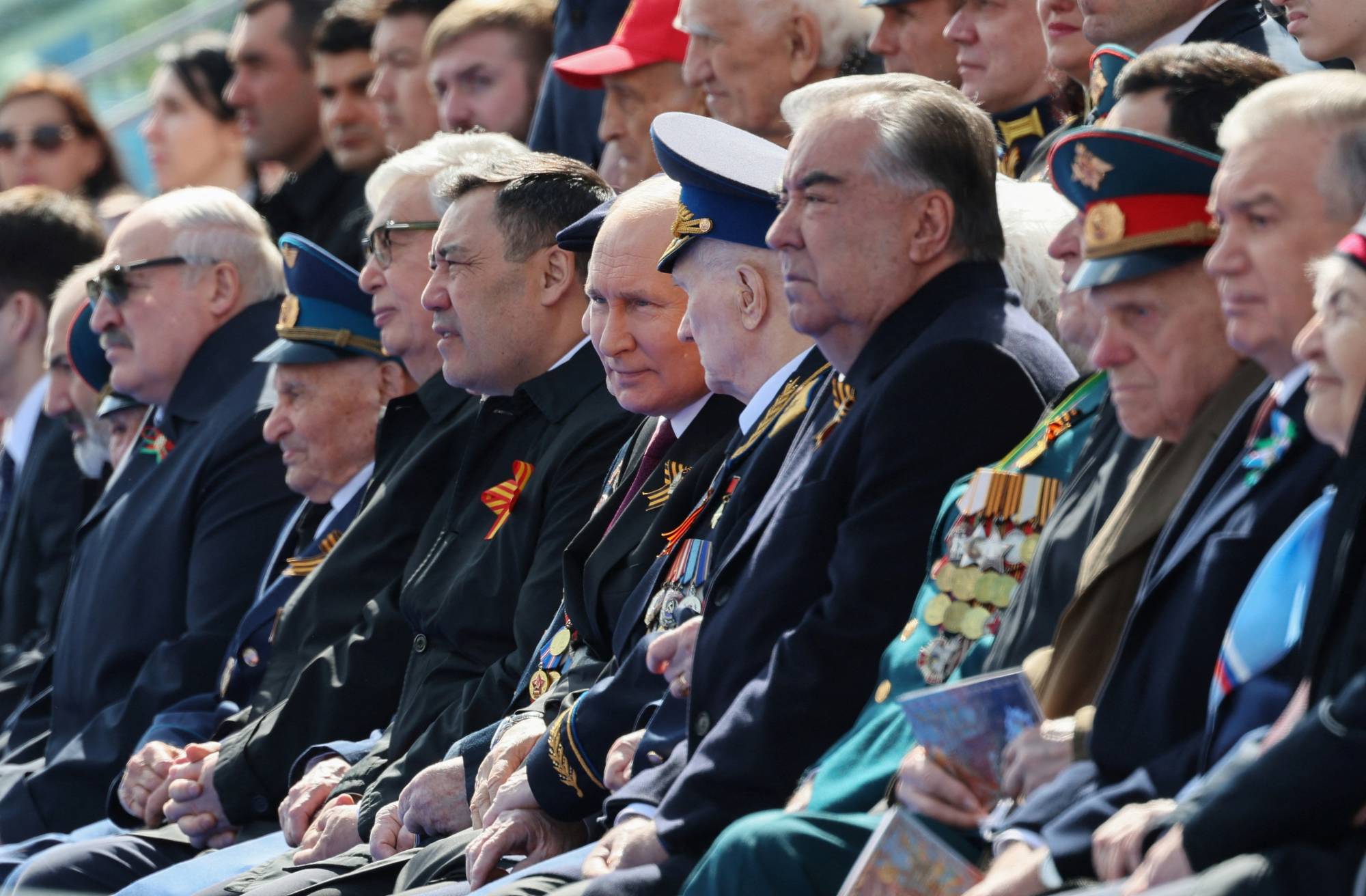Putin and military officials attend a parade on Victory Day, which marks the 78th anniversary of the victory over Nazi Germany in World War II, in Red Square in central Moscow on Tuesday. | Pool / via REUTERS