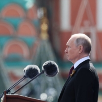 Russian President Vladimir Putin gives a speech during the Victory Day military parade in Red Square in central Moscow on Tuesday. | AFP-JIJI