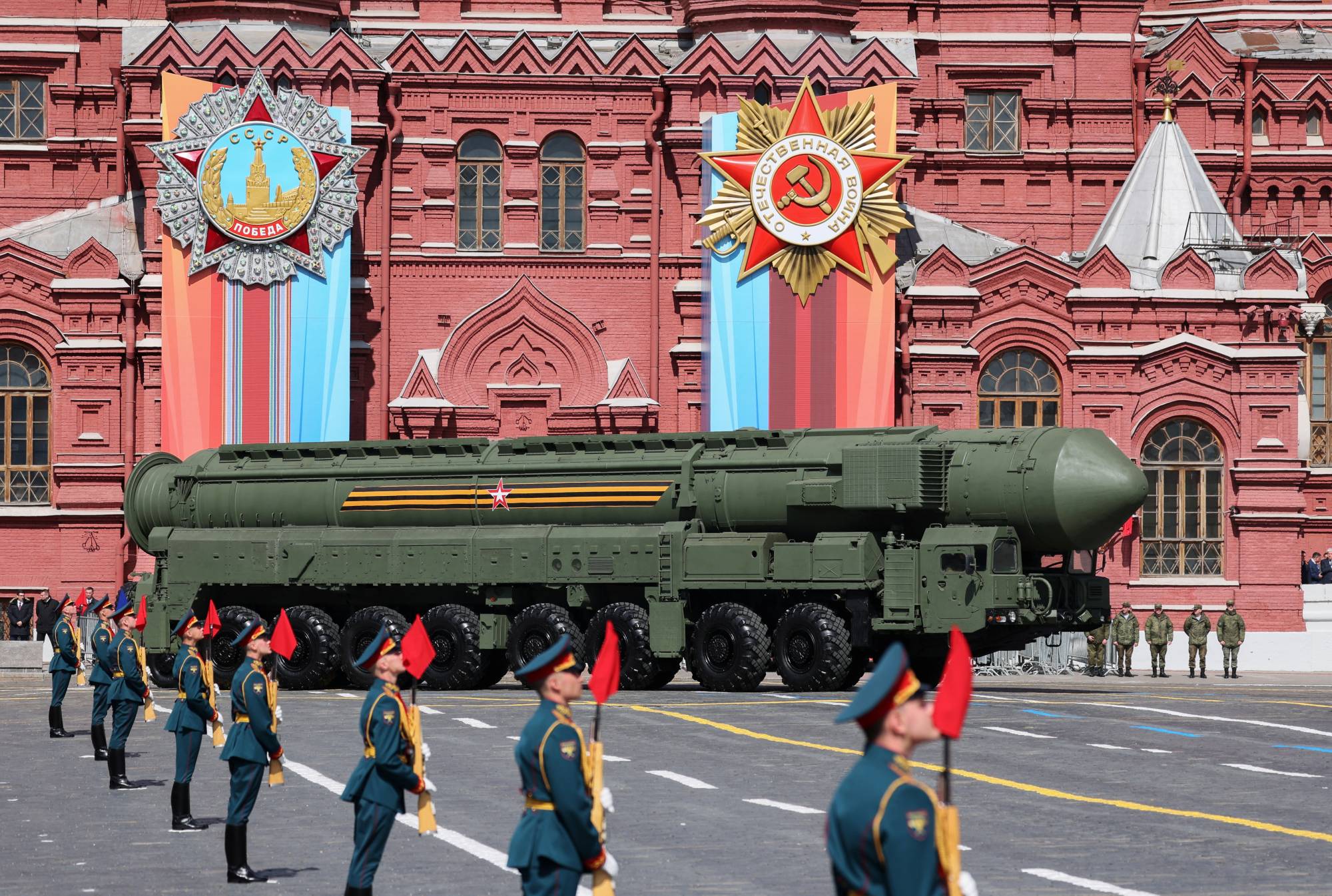 A Russian Yars intercontinental ballistic missile system is paraded through Moscow's Red Square during a celebrations marking Victory Day on Tuesday.   | SPUTNIK / POOL / VIA REUTERS