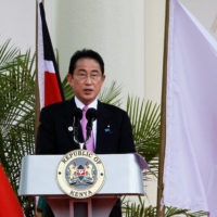 Prime Minister Fumio Kishida addresses a joint news conference on May 3 after meeting with Kenya’s leader during a visit to Nairobi amid a four-nation Africa tour.  | REUTERS