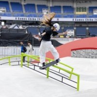 Rizu Akama rides on the women\'s skateboard street course at X Games Chiba 2023 at Zozo Marine Stadium on Friday. | BOBBY SCHAUB