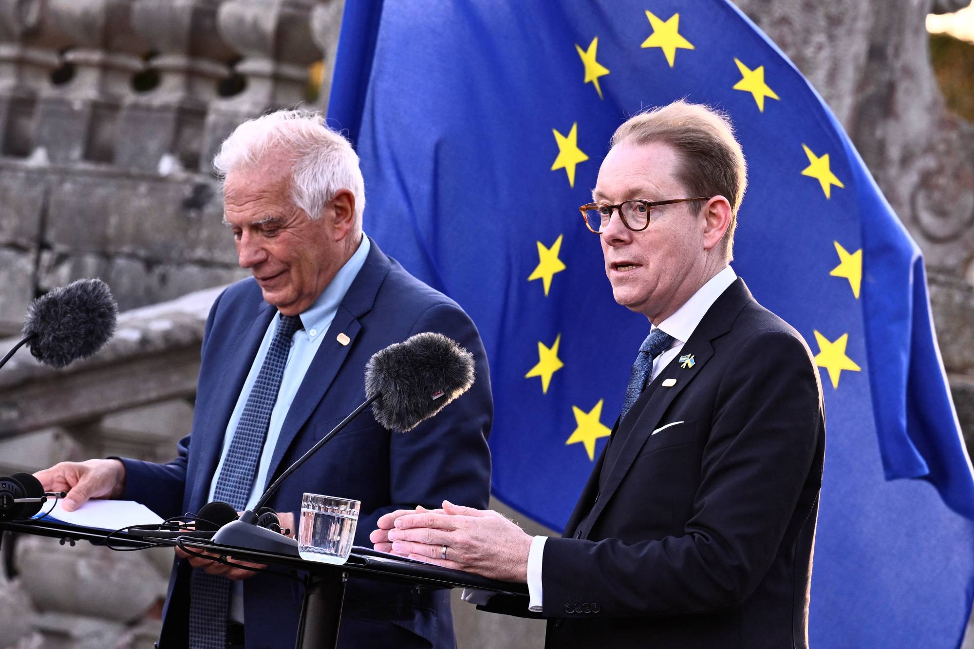 Swedish Foreign Minister Tobias Billstrom attends a news conference with European Union High Representative for Foreign Affairs and Security Policy and Vice-President of the European Commission Josep Borrell at Steninge Castle in connection with the informal meeting of the EU's foreign ministers and commissioners in Stockholm on Friday.  | TT NEWS AGENCY / VIA REUTERS 