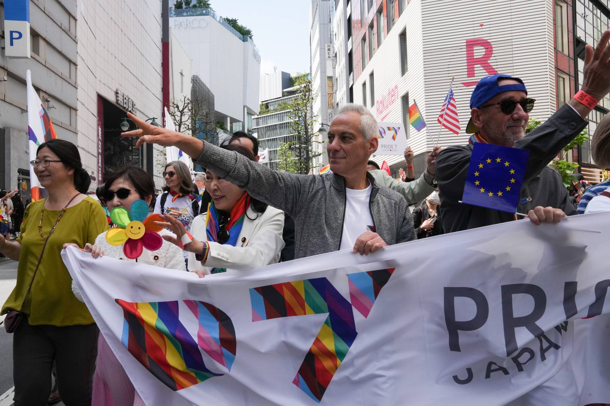 U.S. Ambassador to Japan Rahm Emanuel marches during the Tokyo Rainbow Pride parade, celebrating advances in LGBTQ rights and calling for marriage equality, in Tokyo on April 23, in this image posted to his official Twitter account. | AFP-JIJI