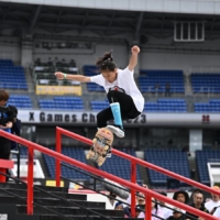Ginwoo Onodera competes in the men\'s skateboard street event at X Games Chiba 2023 at Zozo Marine Stadium on Sunday. | BRETT WILHELM / X GAMES

