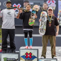 Winner Ginwoo Onodera (center), runner-up Kelvin Hoefler and third-place finisher Jamie Foy pose during the medal ceremony for the men\'s skateboard street event at X Games Chiba on Sunday. | BOBBY SCHAUB
