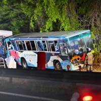 The site where a truck slammed into a bus that had stopped due to engine trouble on the shoulder of a highway in Kurihara, Miyagi Prefecture, on Tuesday | KYODO