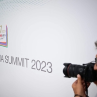 The entrance of the media center for the G7 leaders summit in Hiroshima on Thursday | AFP-JIJI