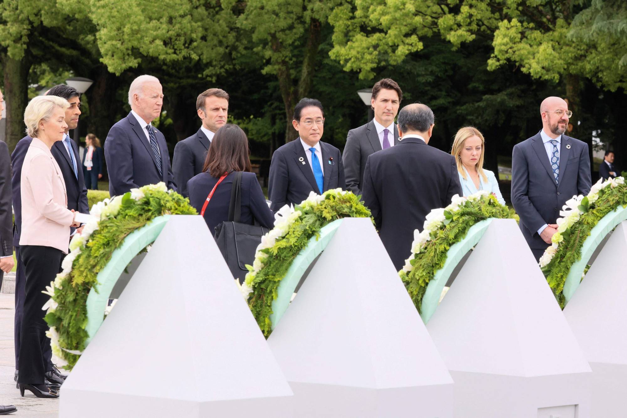 The G7 leaders after laying wreaths during a visit to the Peace Memorial Park in Hiroshima on Friday | Ministry of Foreign Affairs of Japan / via AFP-Jiji