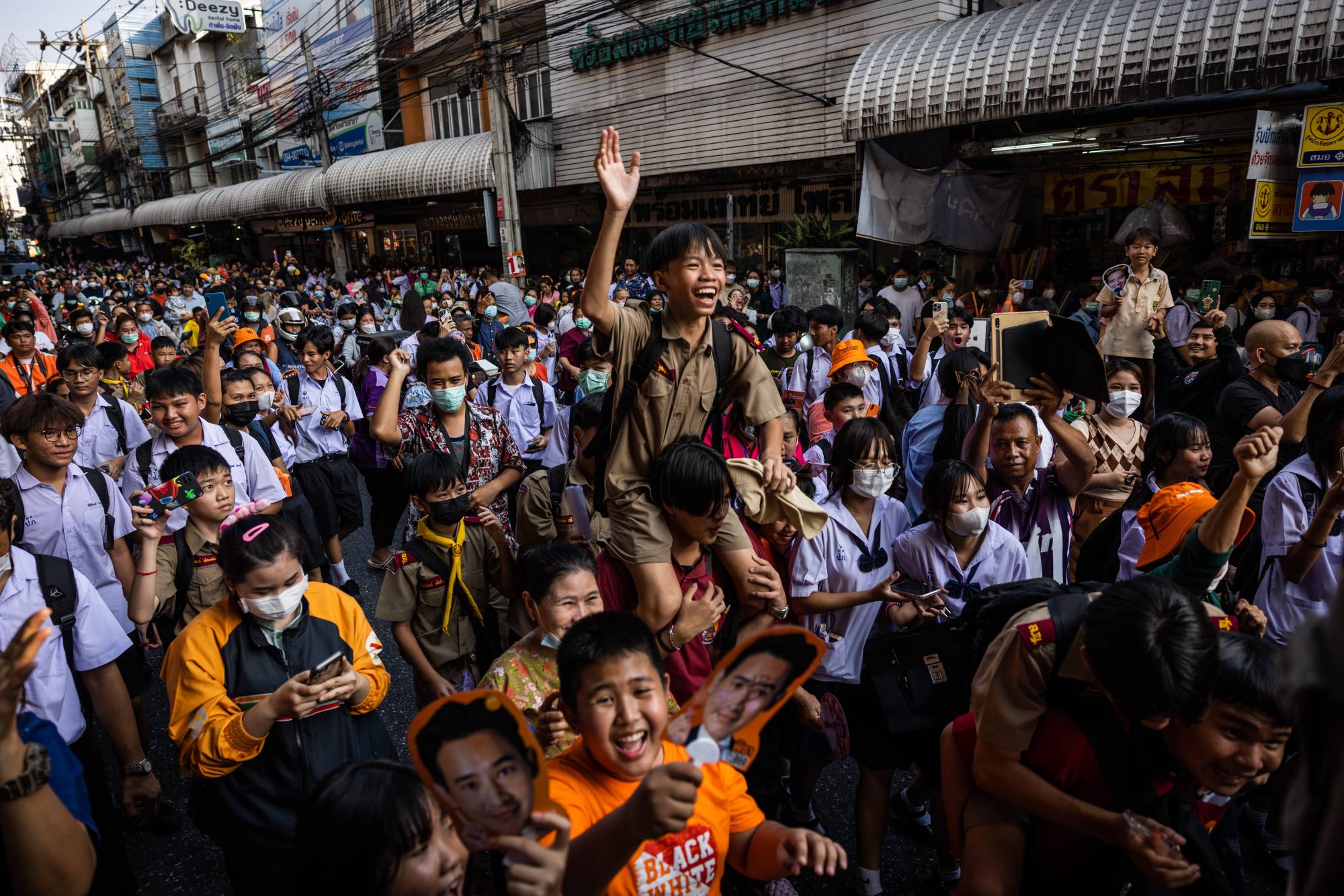 Supporters cheer for Pita Limjaroenrat in Nonthaburi, Thailand, on Thursday. | Lauren DeCicca / The New York Times