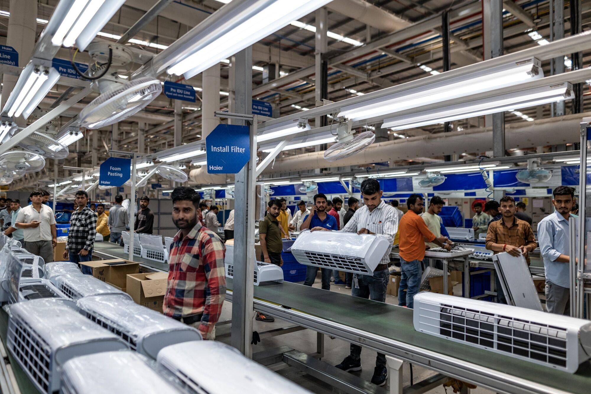 The factory floor at a air conditioner plant of Haier Appliances India in Greater Noida earlier this month. As the G7’s total share of global gross domestic product has dropped to just under 30% this year, low and middle-income countries like India will need to play an increasing role in the bloc’s economic security strategy. | Bloomberg