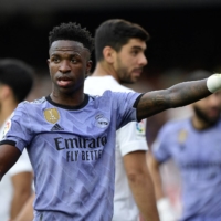 Real Madrid\'s Vinicius Jr. points to the stands during  his team\'s match against Valencia at Mestalla Stadium in Valencia, Spain, on Sunday. | REUTERS