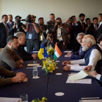 Ukraine\'s President Volodymyr Zelenskyy (left) and Indian Prime Minister Narendra Modi attend a meeting during the G7 leaders\' summit in Hiroshima, on Saturday | UKRAINIAN PRESIDENTIAL PRESS SERVICE / VIA REUTERS 