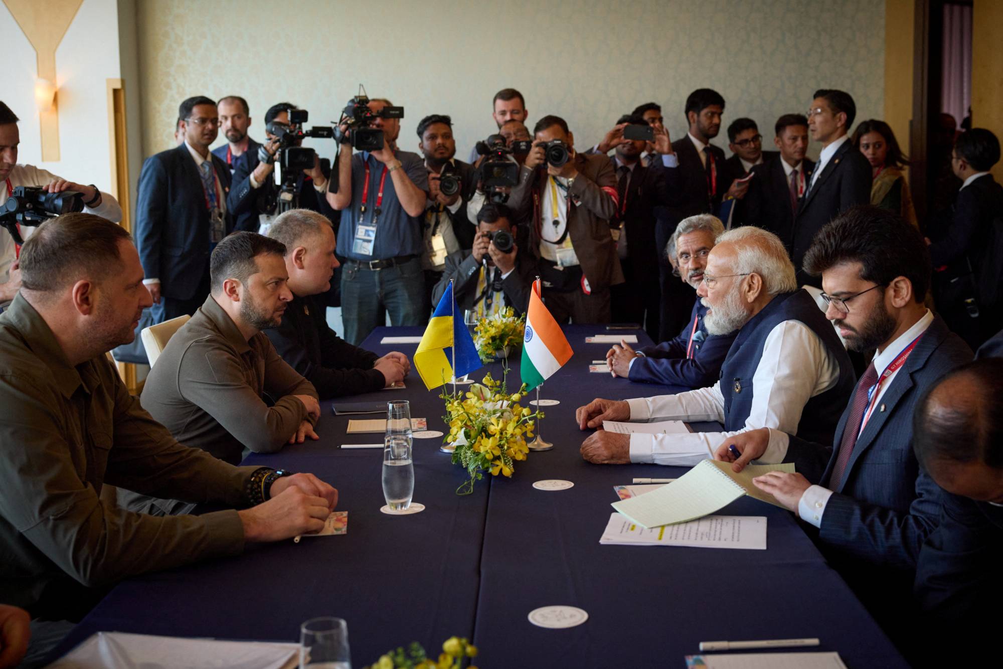 Ukraine's President Volodymyr Zelenskyy (left) and Indian Prime Minister Narendra Modi attend a meeting during the G7 leaders' summit in Hiroshima, on Saturday | Ukrainian Presidential Press Service / via REUTERS 