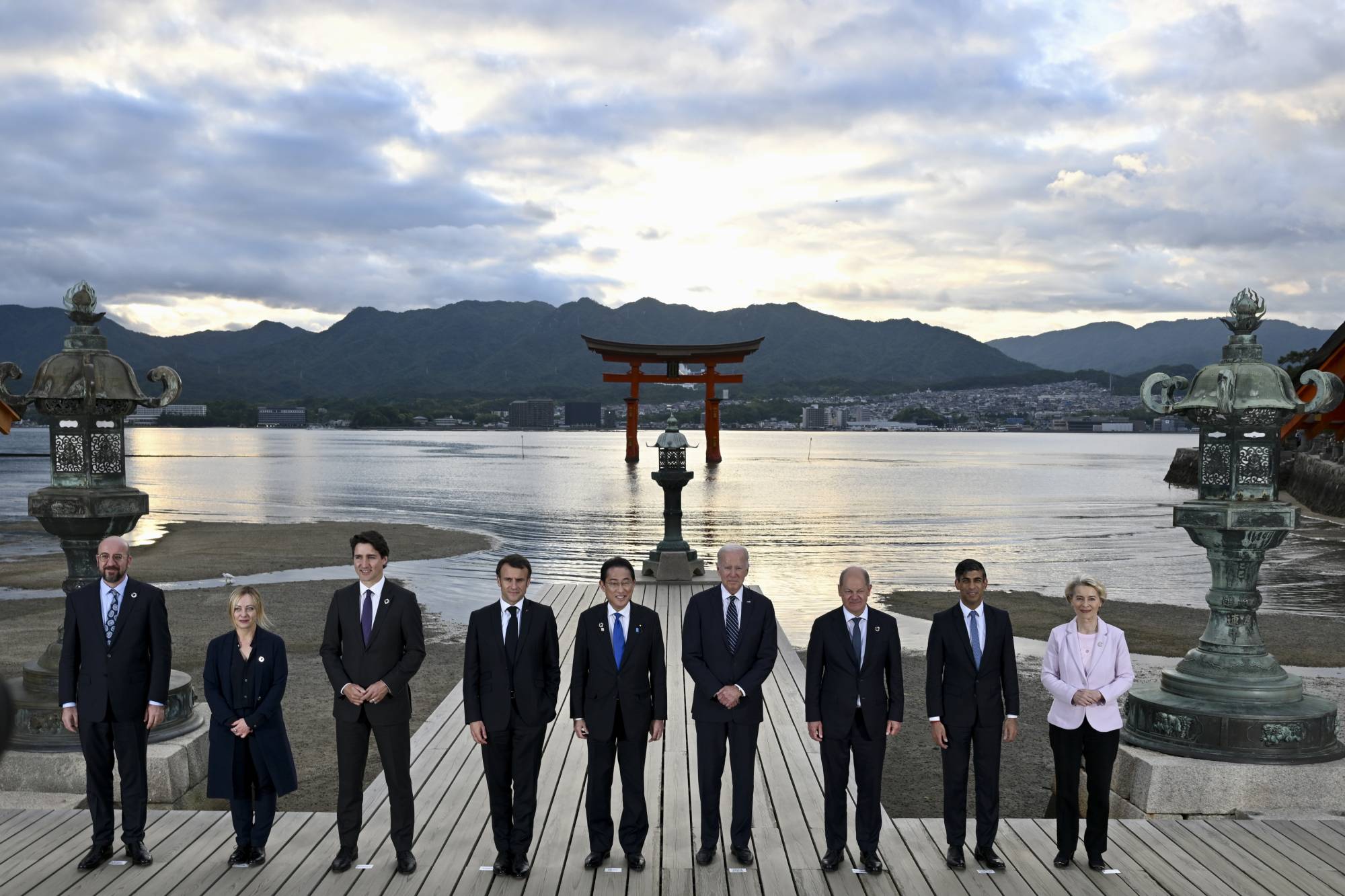 Group of Seven leaders pose for a family photo at the Itsukushima Shrine near the Hiroshima summit venue on Friday. | KENNY HOLSTON / THE NEW YORK TIMES