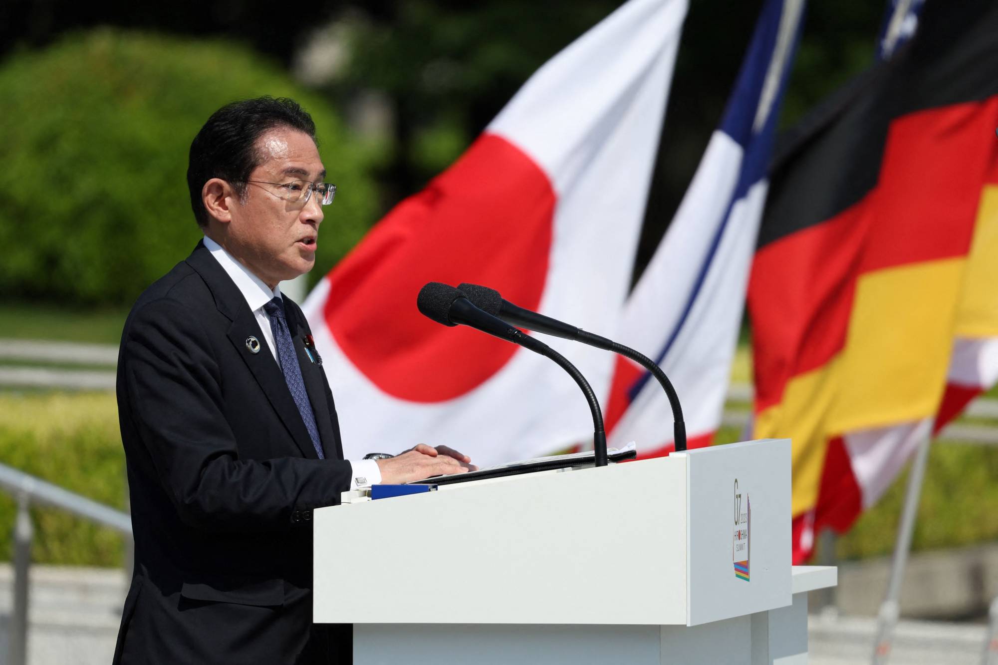 Prime Minister Fumio Kishida speaks during the final day of the G7 Summit Leaders' Meeting in Hiroshima on Sunday. | MINISTRY OF FOREIGN AFFAIRS OF JAPAN / AFP-JIJI