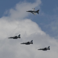 U.S. air force F-16 fighter jets fly in formation during a U.S.-Philippines air force joint military exercise at the former U.S. Clark air base in Angeles City, Pampanga province, north of Manila, on May 9. | AFP-JIJI