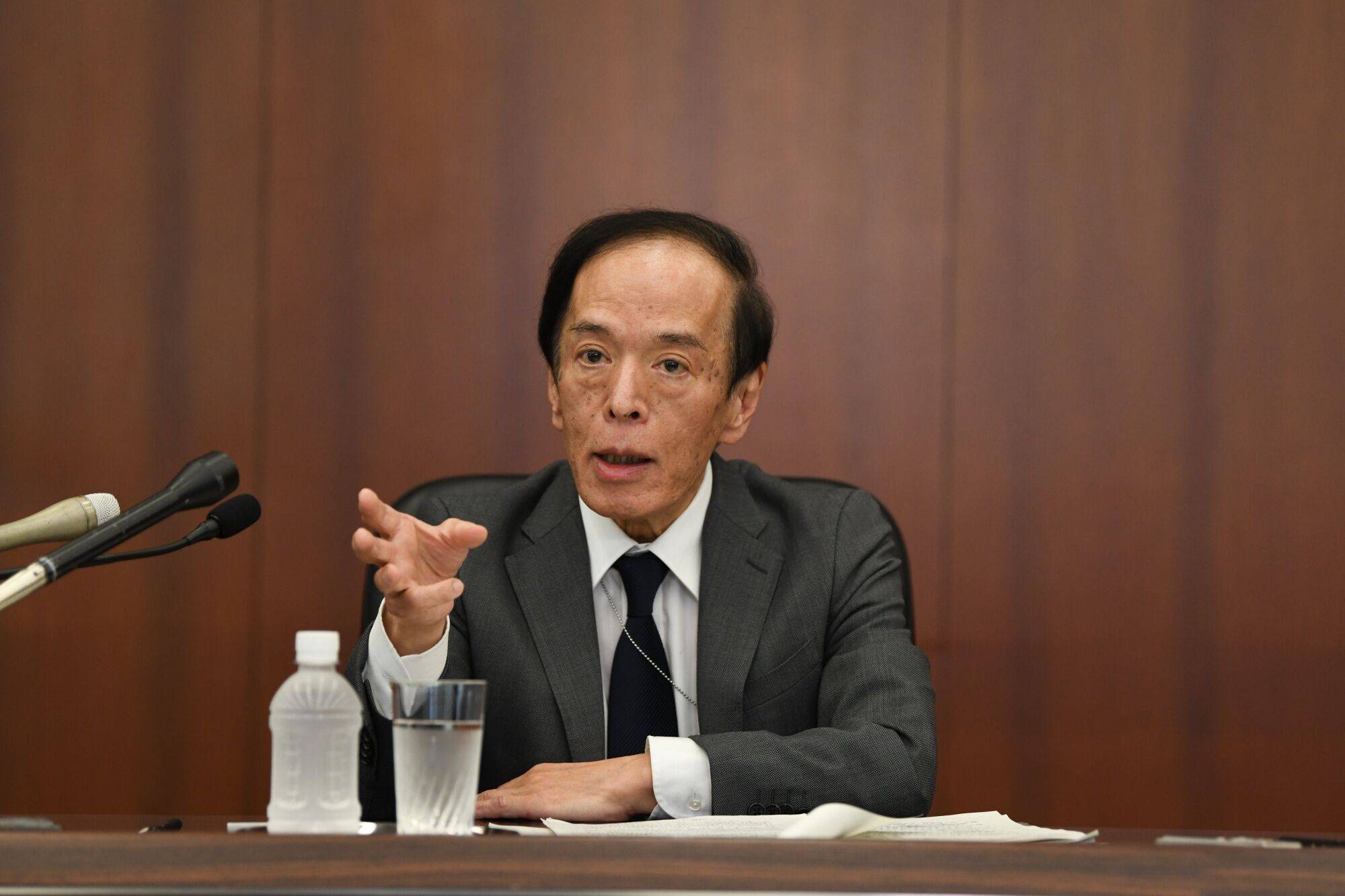 Kazuo Ueda, governor of the Bank of Japan, speaks during a group interview at the central bank's headquarters in Tokyo on Thursday. | BLOOMBERG