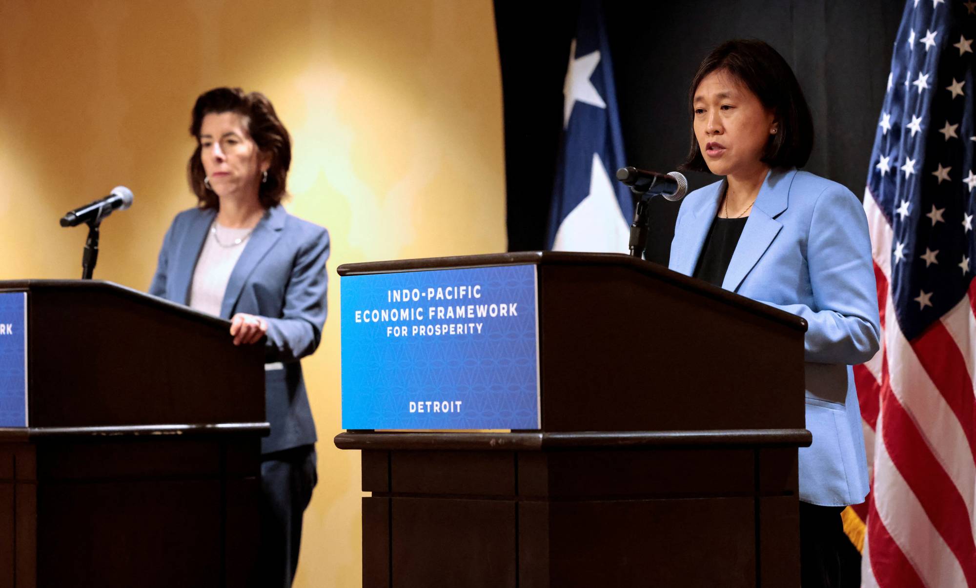 U.S. Commerce Secretary Gina Raimondo (left) and Trade Representative Katherine Tai address the media during the Indo-Pacific Economic Framework meeting in Detroit on Saturday.  | REUTERS
