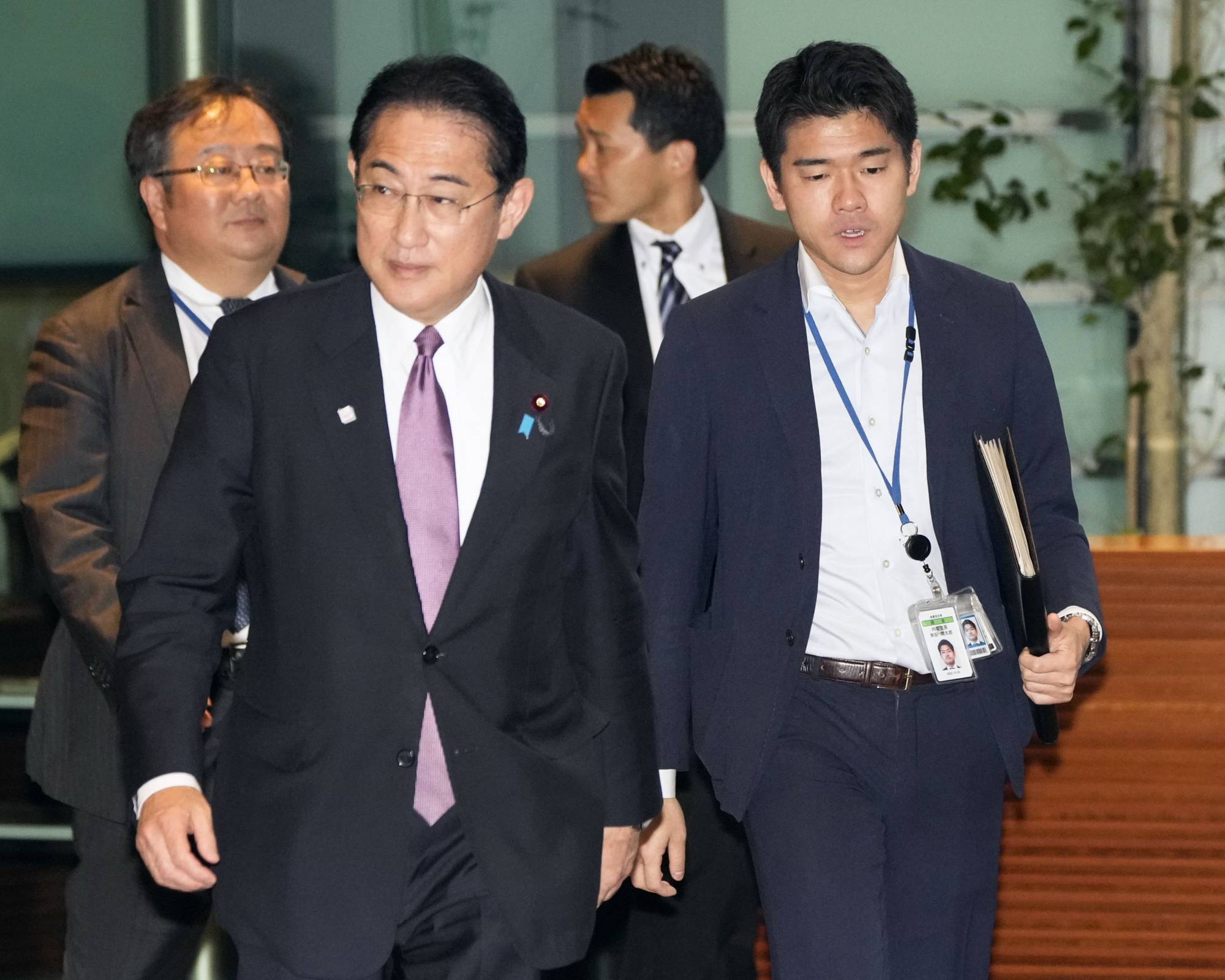 Prime Minister Fumio Kishida and his eldest son, Shotaro (right), at the Prime Minister's Office on May 11 | KYODO