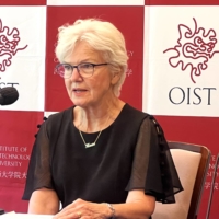 Karin Markides, appointed as the third president and CEO of Okinawa Institute of Science and Technology, speaks to reporters in Tokyo on Tuesday.  | TOMOKO OTAKE


