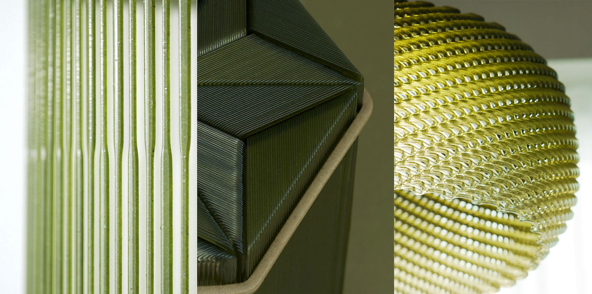 Left to right: Details of James Kaoru Bury’s Tachiwaki washbasin, Moritaka Tochigi’s Yocell stool and Ryo Suzuki’s Sori lampshade.