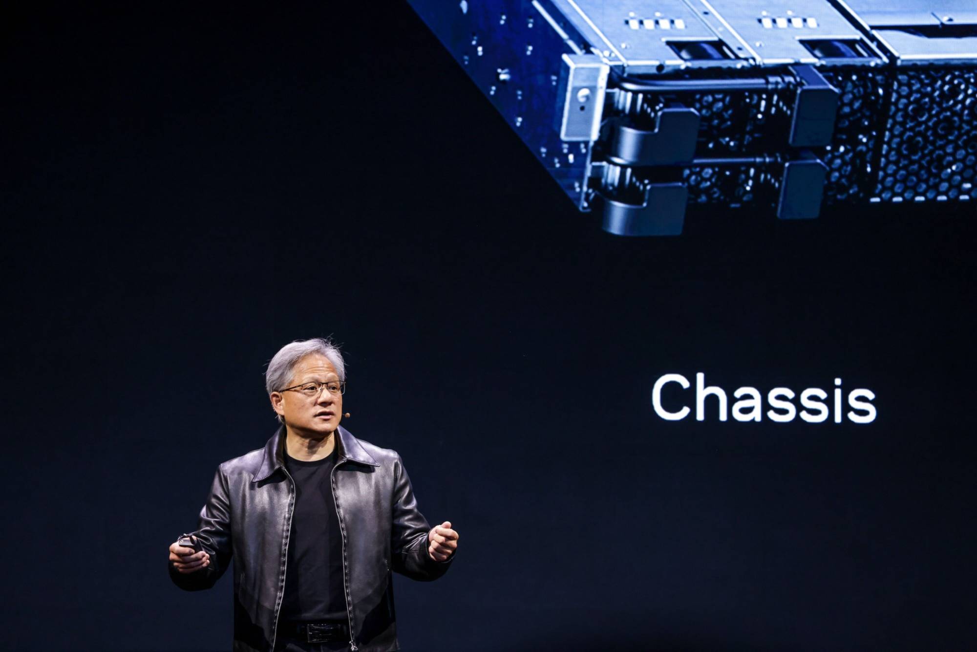 Jensen Huang, co-founder and CEO of Nvidia Corp., speaks during the Taipei Computex expo on Monday. | Bloomberg