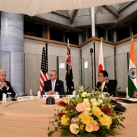 U.S. President Joe Biden participates in “the Quad” leaders’ meeting with Prime Minister Fumio Kishida and their Indian and Australian counterparts, Narendra Modi and Anthony Albanese, respectively, in Hiroshima on May 20.   | POOL / VIA REUTERS