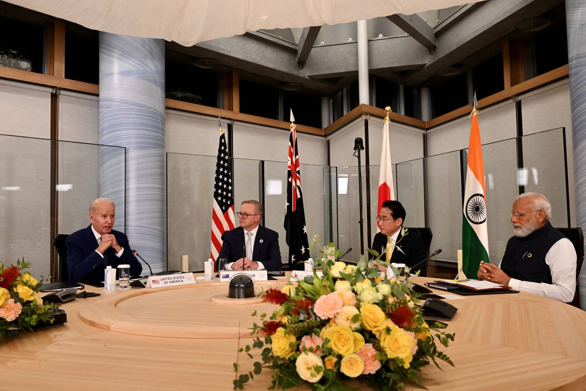 U.S. President Joe Biden participates in “the Quad” leaders’ meeting with Prime Minister Fumio Kishida and their Indian and Australian counterparts, Narendra Modi and Anthony Albanese, respectively, in Hiroshima on May 20.   | POOL / VIA REUTERS